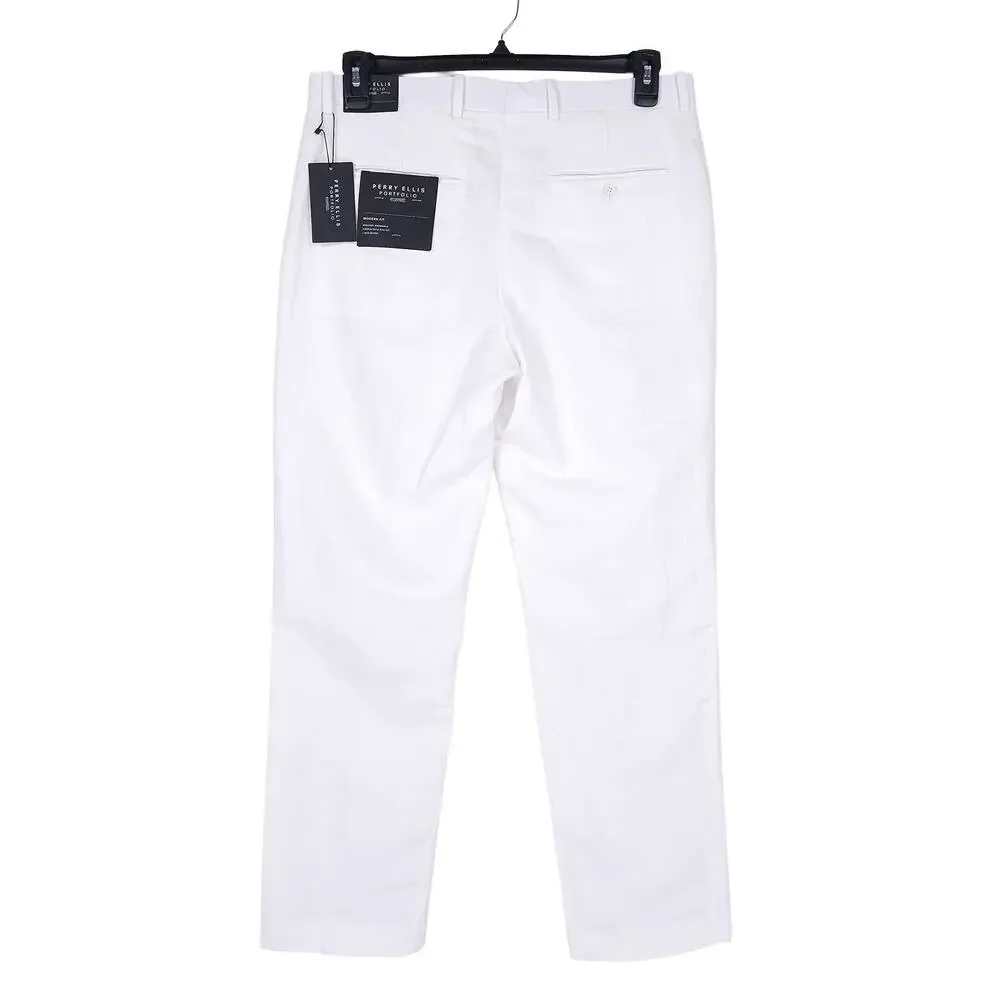 Perry Ellis Portfolio Mens Modern Fit Dress Pant 32x30 Bright White Linen Cotton